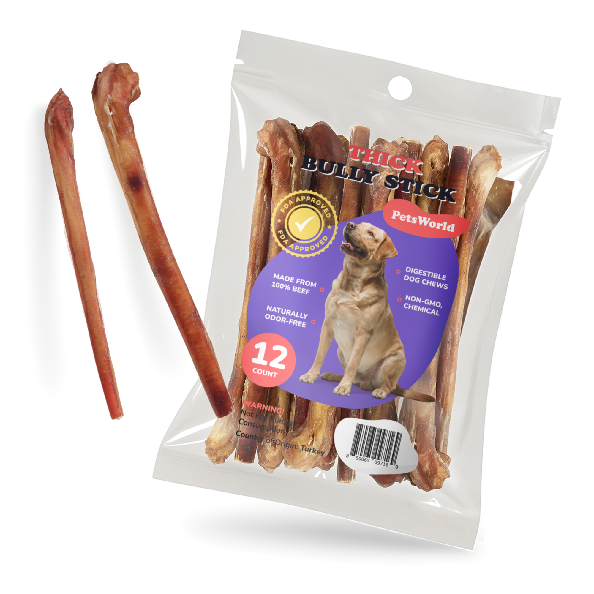 12-Inch Thick Jumbo Bully Sticks for Medium - Large Dogs_12 Count