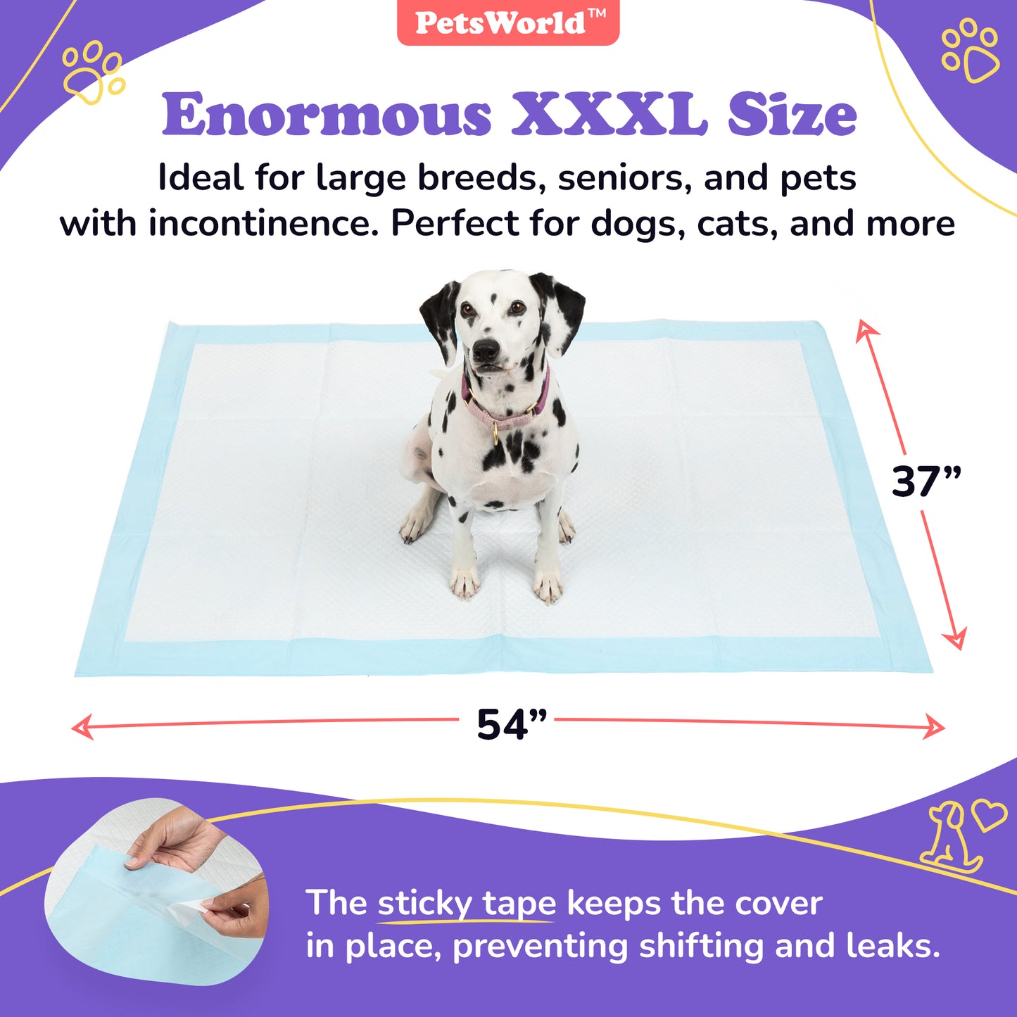 PetsWorld 37x54 Inch Pee Pads: 3XL Tear-Resistant & Leak-Proof_