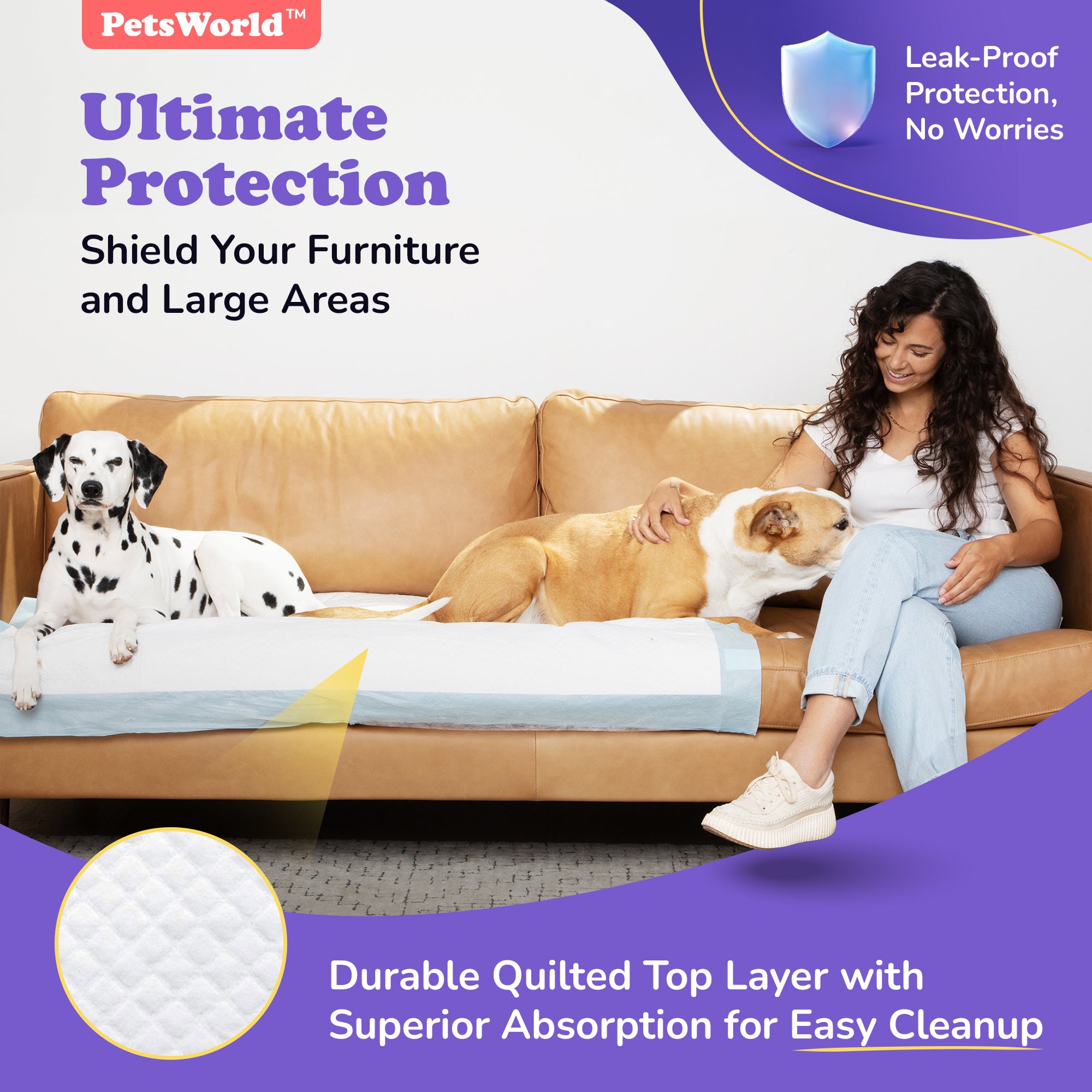 PetsWorld 37x54 Inch Pee Pads: 3XL Tear-Resistant & Leak-Proof_