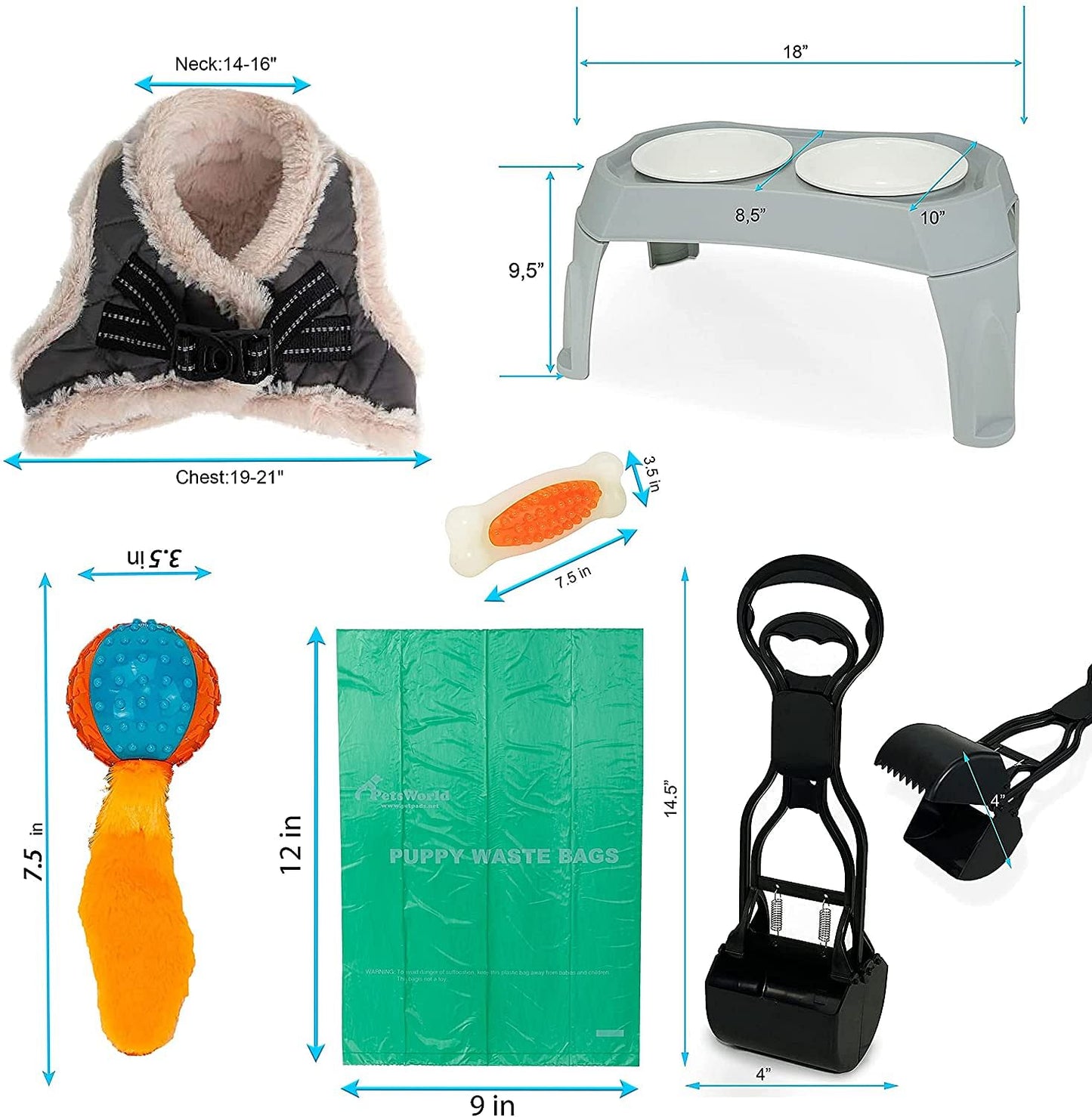 Pet Starter Kit, Warm Harness, Pet Bowl, Dog Ball Toy, Bacon Toy, Pooper Scooper + Dog Waste Bags, Kit for Medium and Large Dogs_L (Neck:14-16"; Chest:19-21")