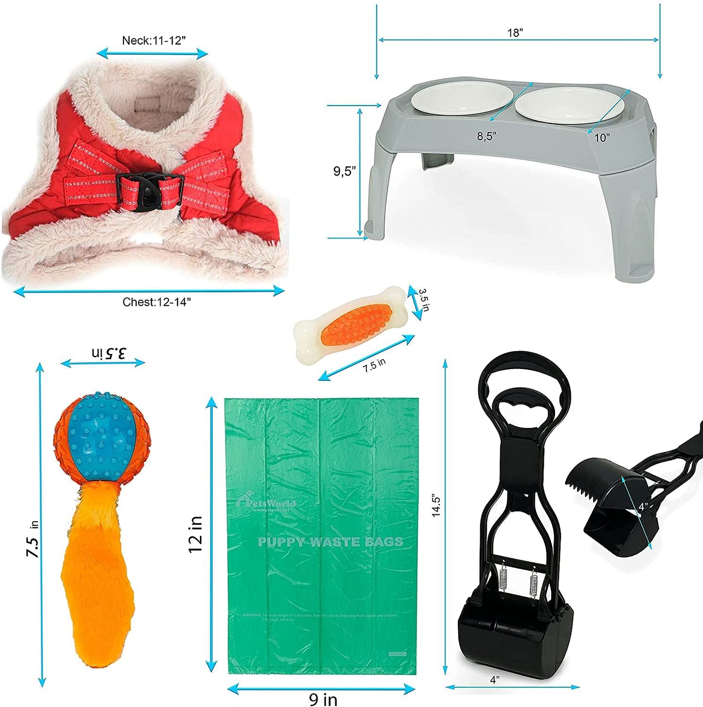 Pet Starter Kit, Warm Harness, Pet Bowl, Dog Ball Toy, Bacon Toy, Pooper Scooper + Dog Waste Bags, Kit for Medium and Large Dogs_XS (Neck:11-12"; Chest:12-14")