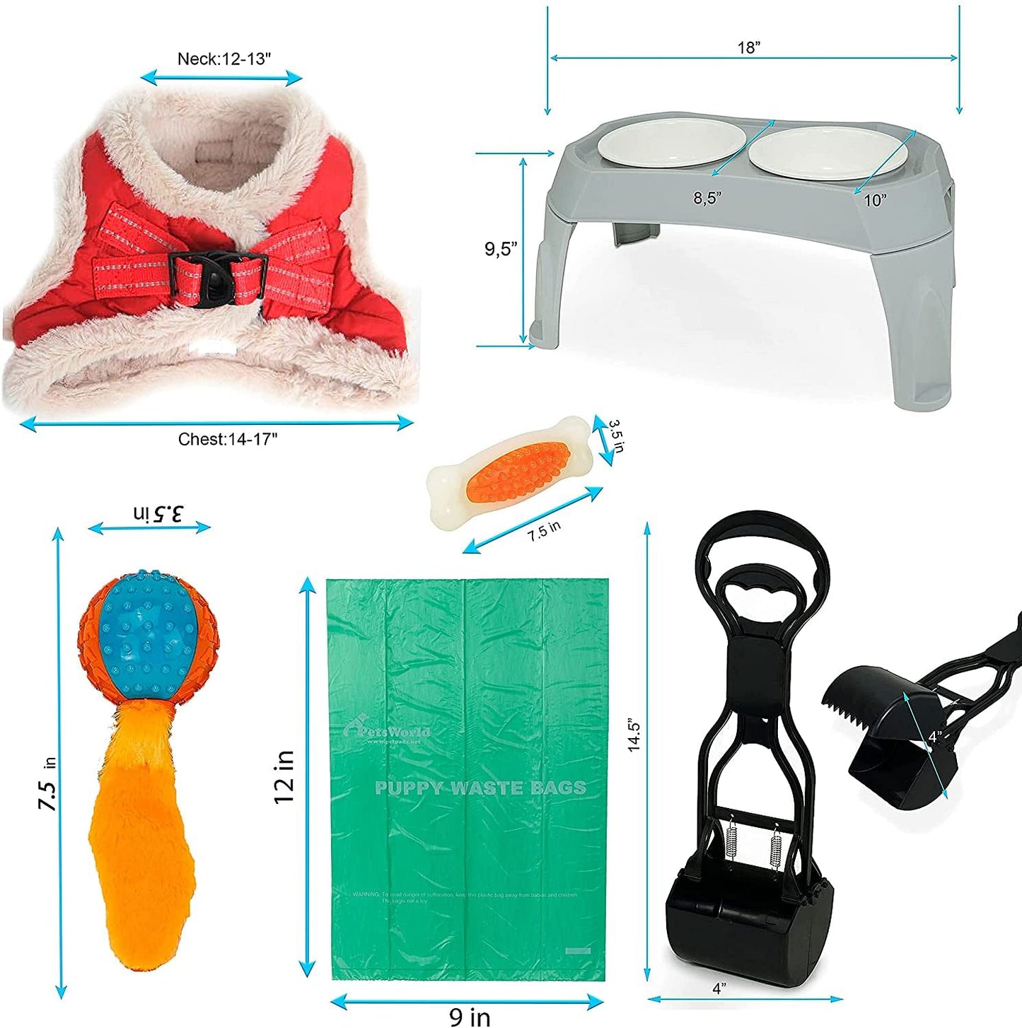 Pet Starter Kit, Warm Harness, Pet Bowl, Dog Ball Toy, Bacon Toy, Pooper Scooper + Dog Waste Bags, Kit for Medium and Large Dogs_S (Neck:12-13"; Chest:14-17")