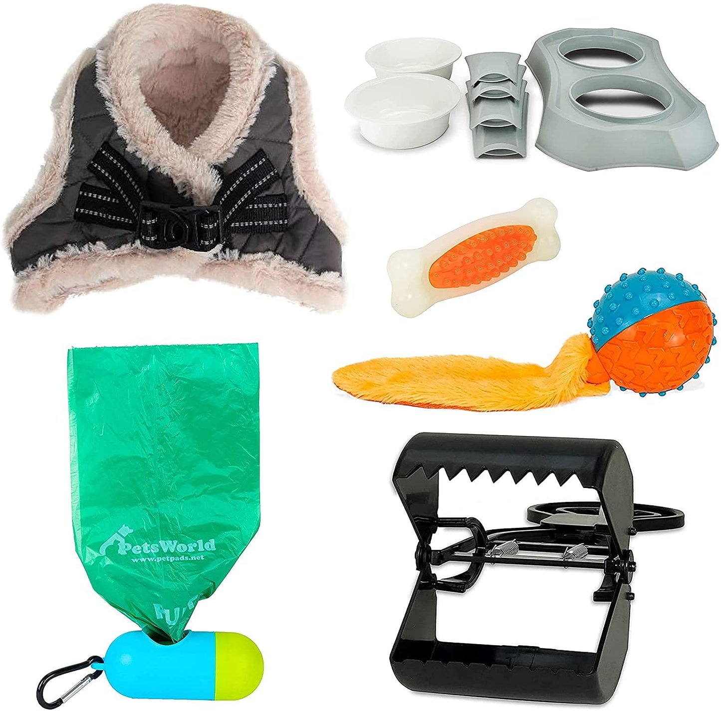 Pet Starter Kit, Warm Harness, Pet Bowl, Dog Ball Toy, Bacon Toy, Pooper Scooper + Dog Waste Bags, Kit for Medium and Large Dogs_