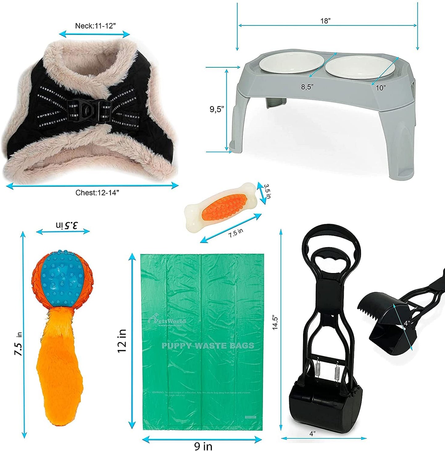 Pet Starter Kit, Warm Harness, Pet Bowl, Dog Ball Toy, Bacon Toy, Pooper Scooper + Dog Waste Bags, Kit for Medium and Large Dogs_XS (Neck:11-12"; Chest:12-14")